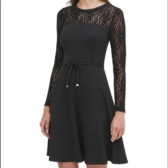 Tommy Hilfiger Lace Sleeve Fit and Flare Dress - Picture 2 of 5